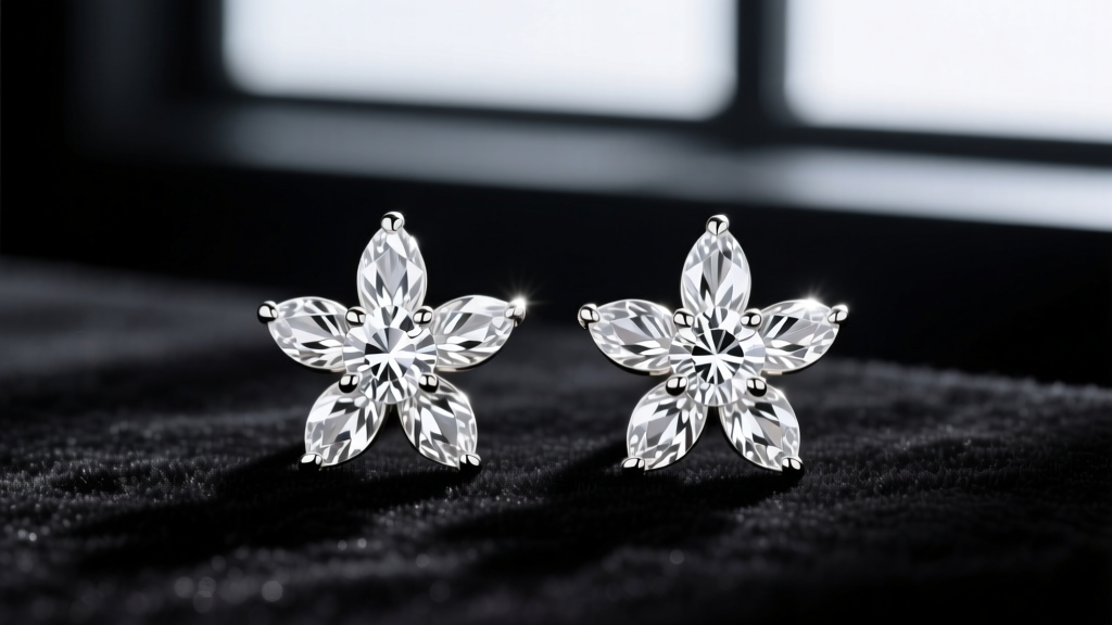 Close-up of 14k white gold diamond flower stud earrings with a round center stone and six marquise diamond petals on black velvet.