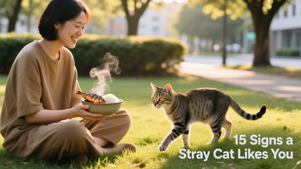 A person sitting cross-legged on grass, offering a small bowl of food while a shy stray cat approaches cautiously from a few feet away