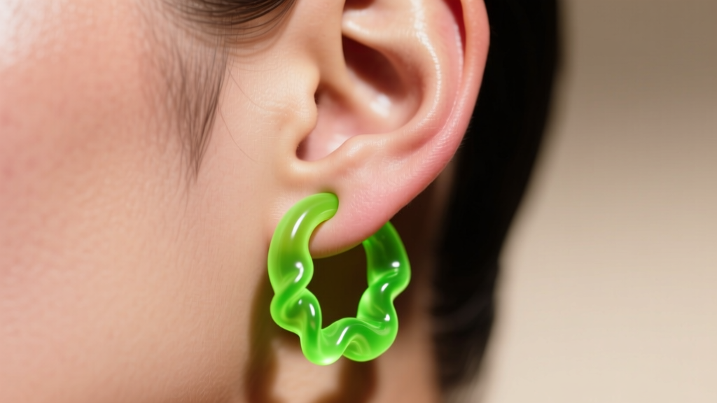 Stretched earlobe wearing a flexible neon green elastomer huggie earring, showing material bend and skin interaction in daylight