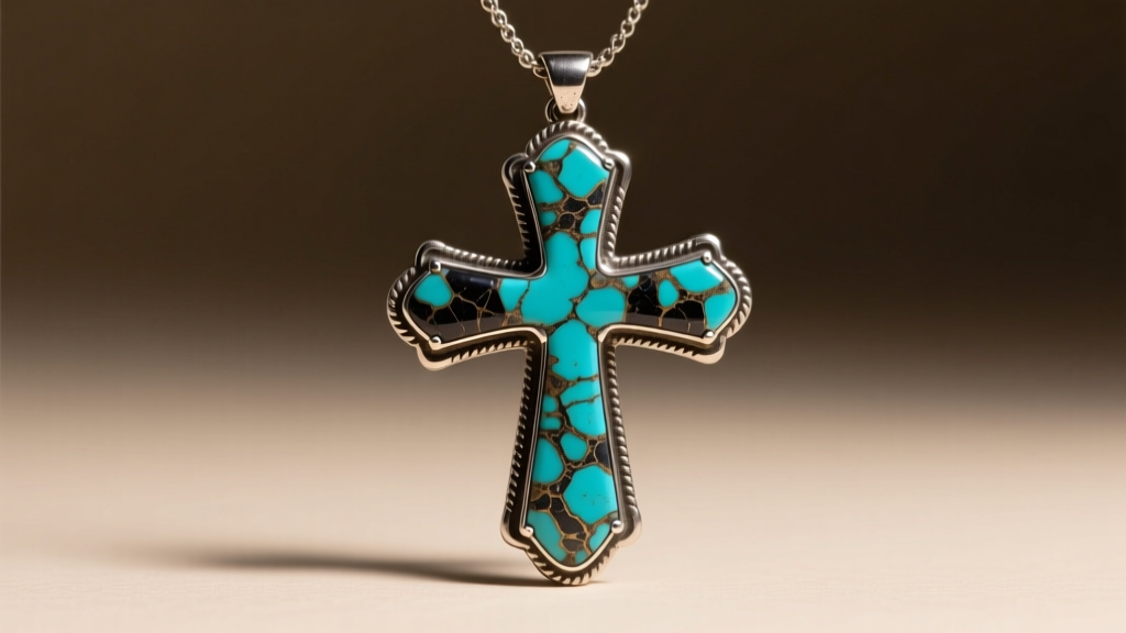 Close-up of oxidized silver turquoise cross dangles, studio light highlighting the dark stone matrix and intricate metal texture.