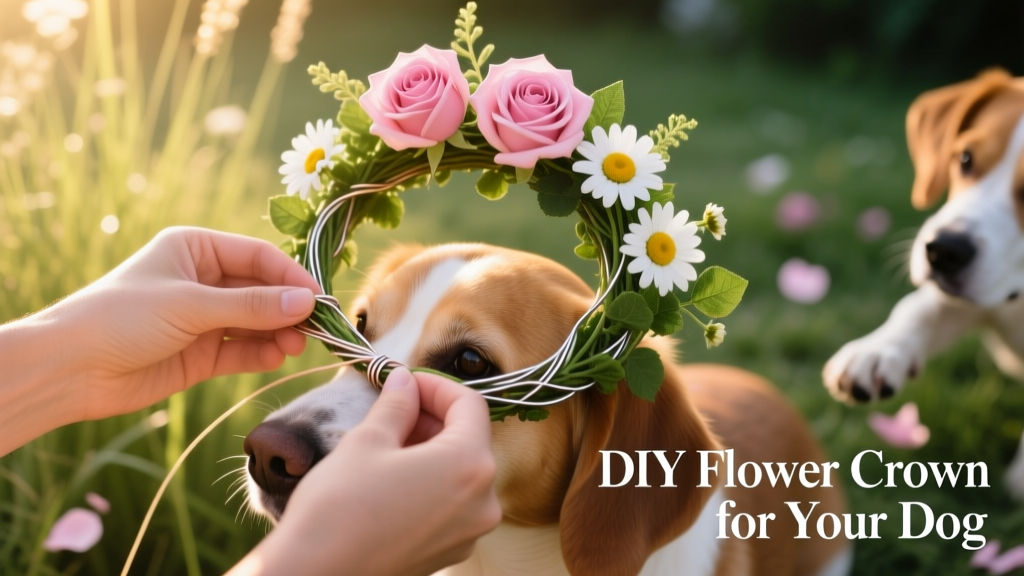 Close-up of hands assembling a flower crown with pink roses, white daisies, and green foliage wrapped around floral wire