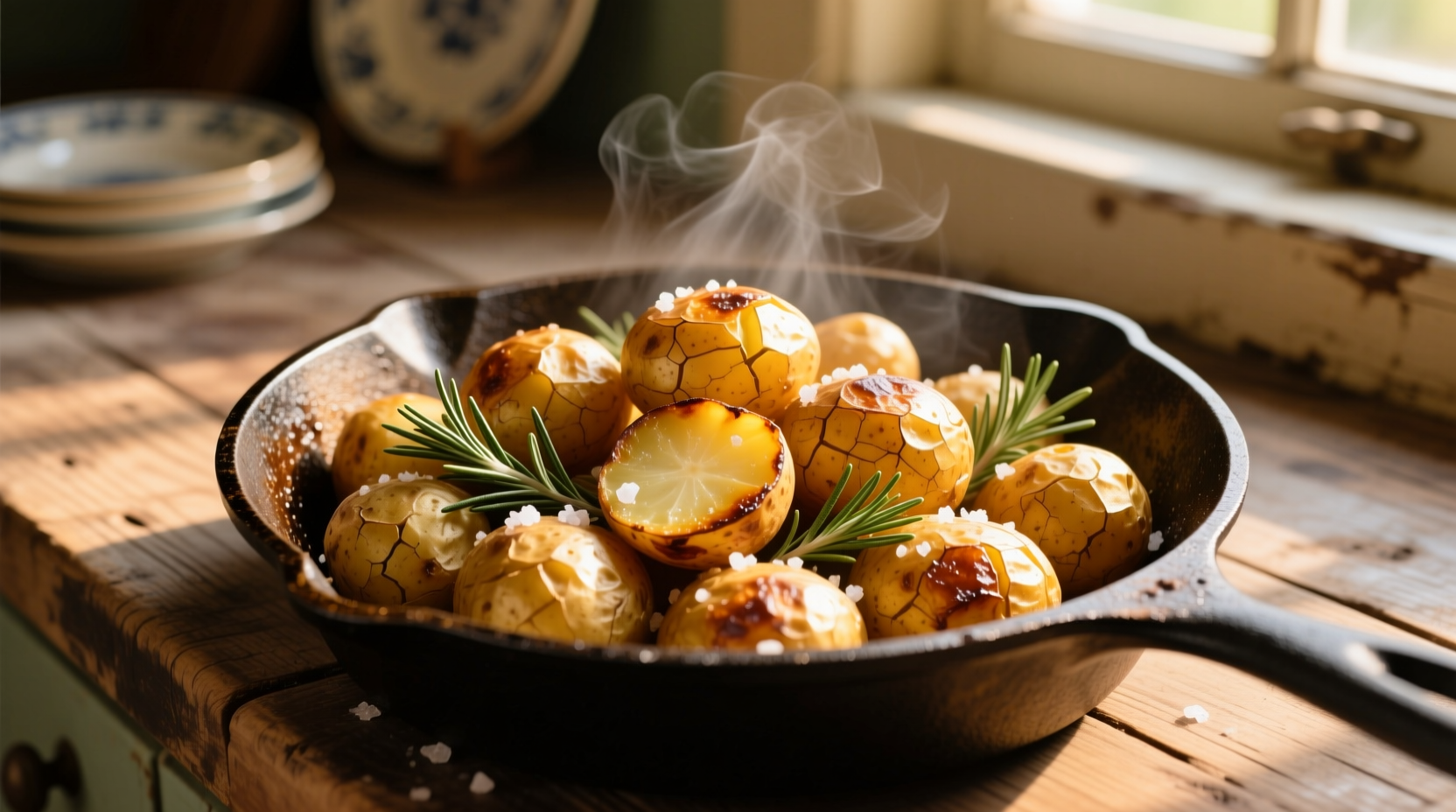 Golden roasted potatoes in cast iron skillet