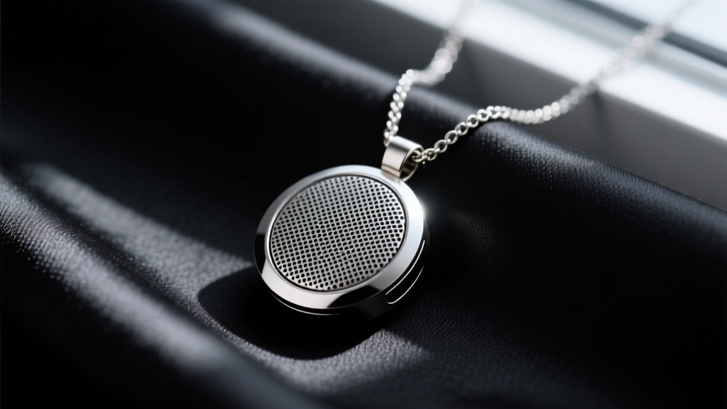 Close-up of a matte titanium bluetooth speaker necklace pendant on dark silk, highlighting the precision micro-mesh audio grille.