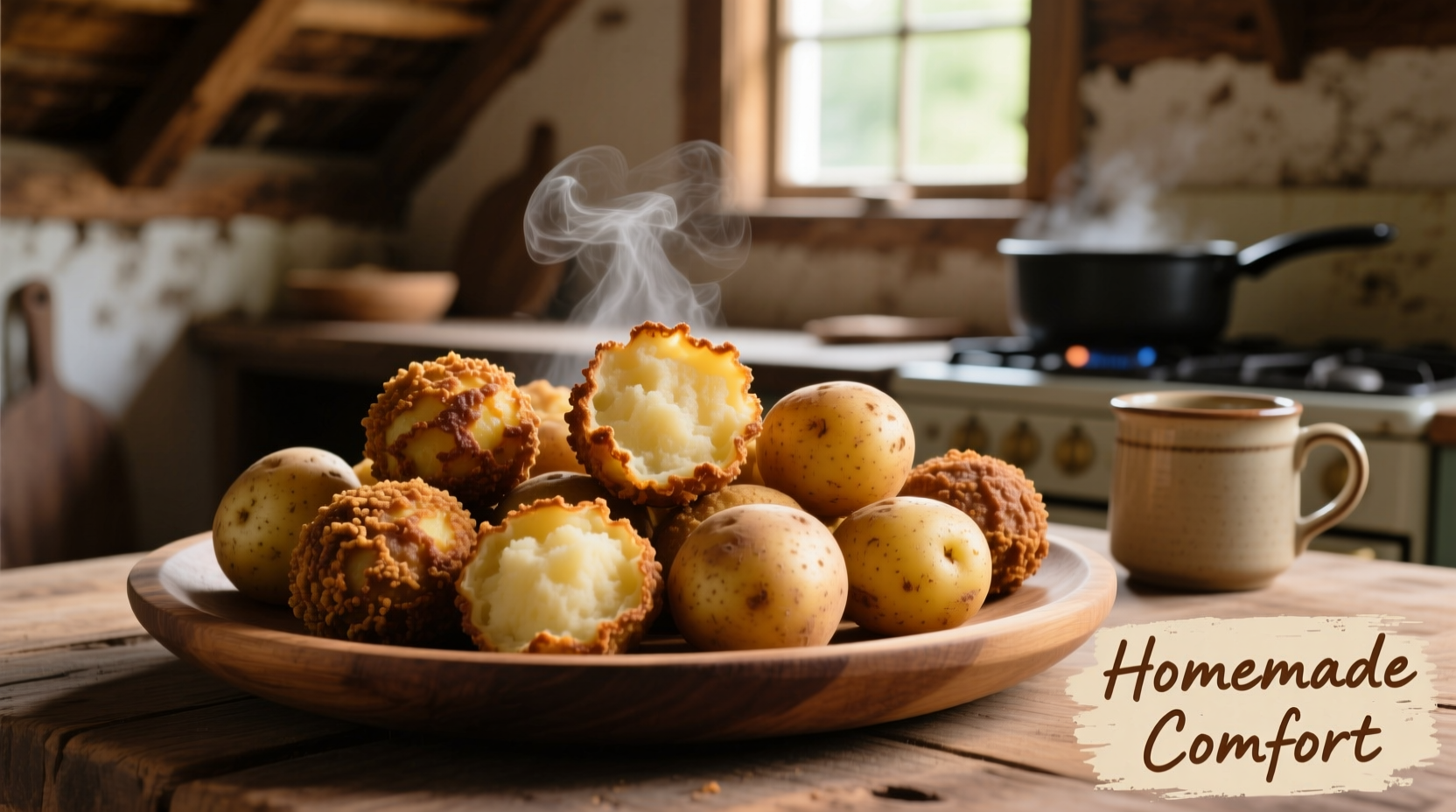 Assorted potato balls on wooden platter