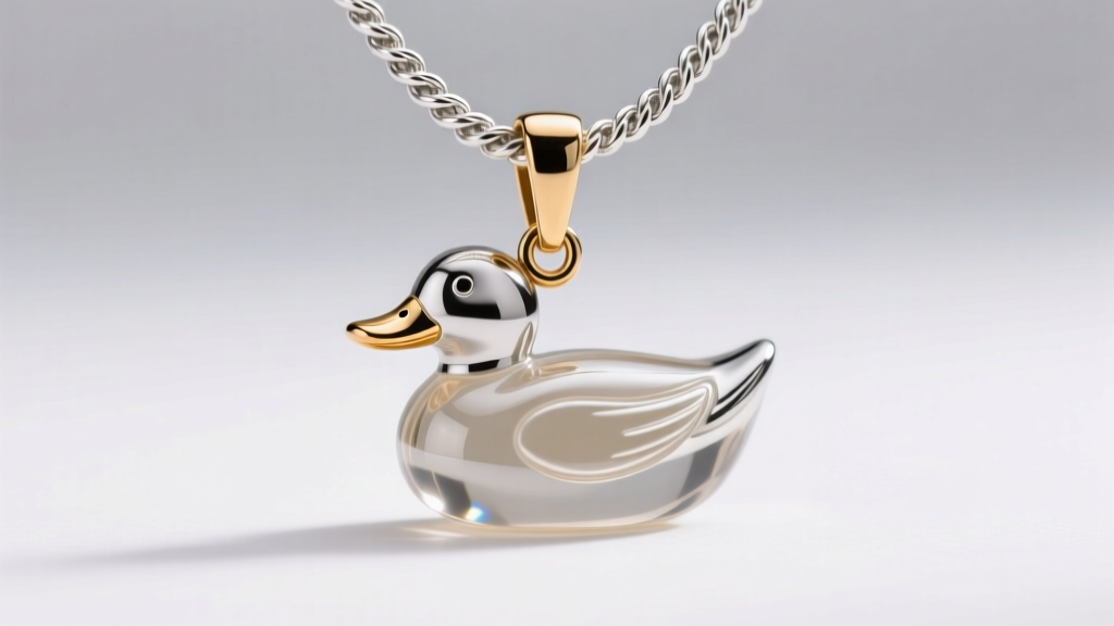 A 3mm sterling silver rope chain threaded through the brass bail of a polished polycarbonate miniature duck call necklace pendant.