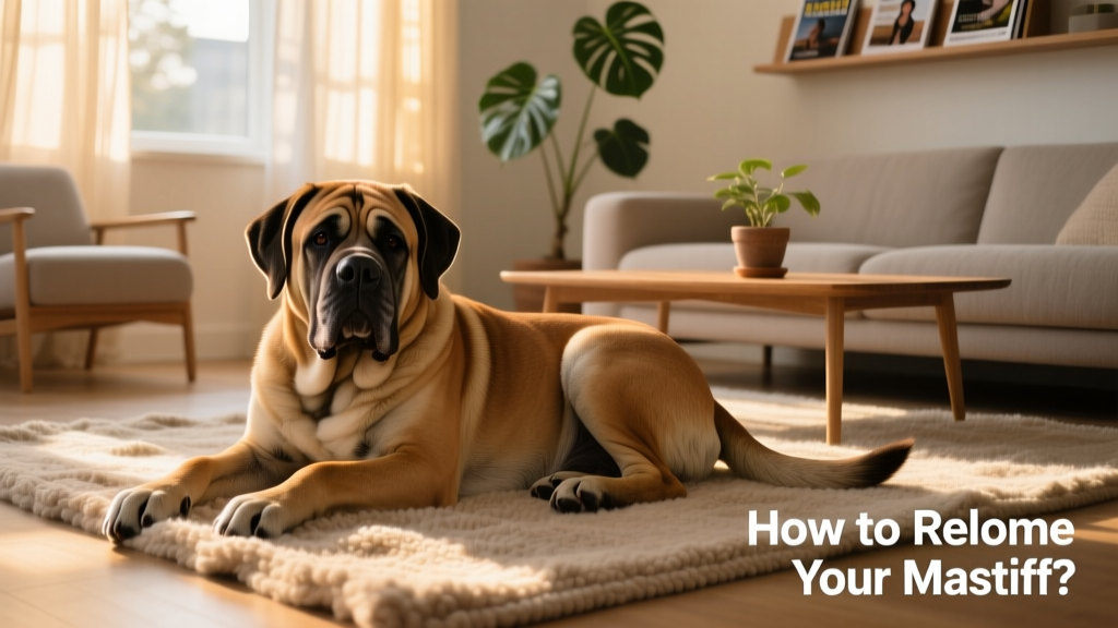 A relaxed Mastiff curled up on a cozy rug in a sunlit living room
