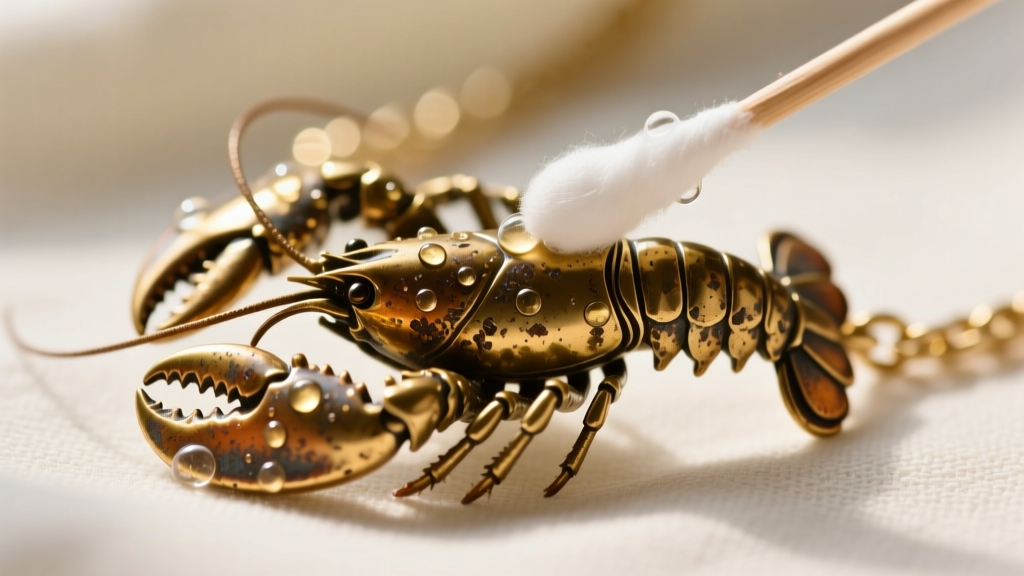 Macro shot of a tarnished brass lobster clasp on a fashion necklace cleaned carefully with a cotton swab and mild soapy water