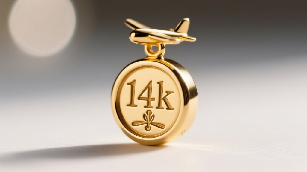 Macro photography showing the 14k hallmark stamp on the back of a small gold plane charm, with shallow depth of field.