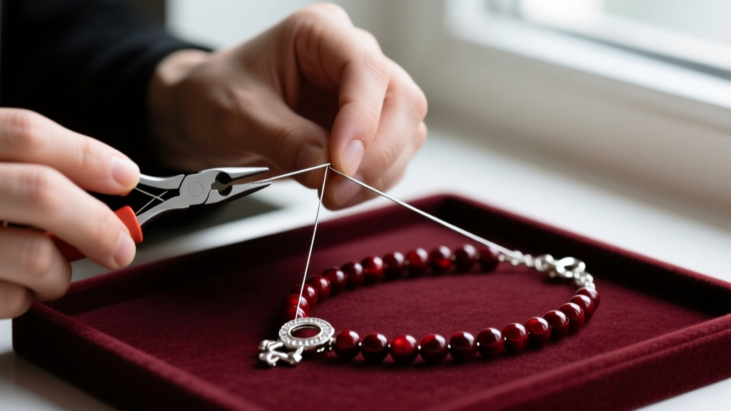 Jeweler restringing a dark red bead necklace with 0.018-inch steel wire, crimp tool, and silver clasp on a dark felt jewelry mat.