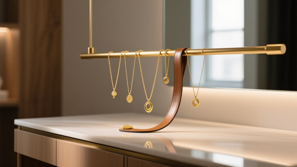 Modern vanity featuring a floating brass rod and leather strap display holding delicate gold necklaces in warm, soft natural light.