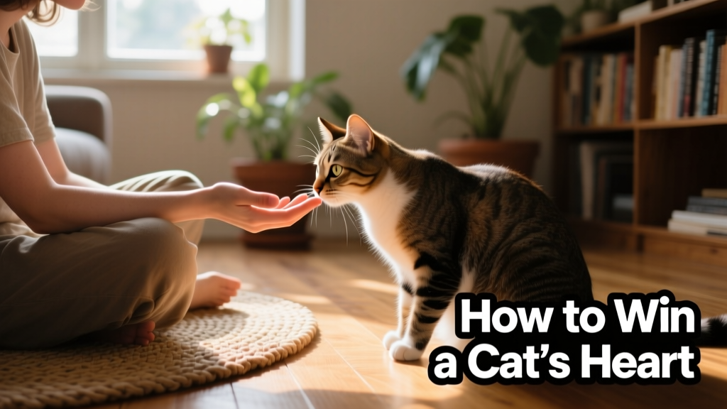 A person sitting quietly on the floor while a curious cat sniffs their outstretched hand