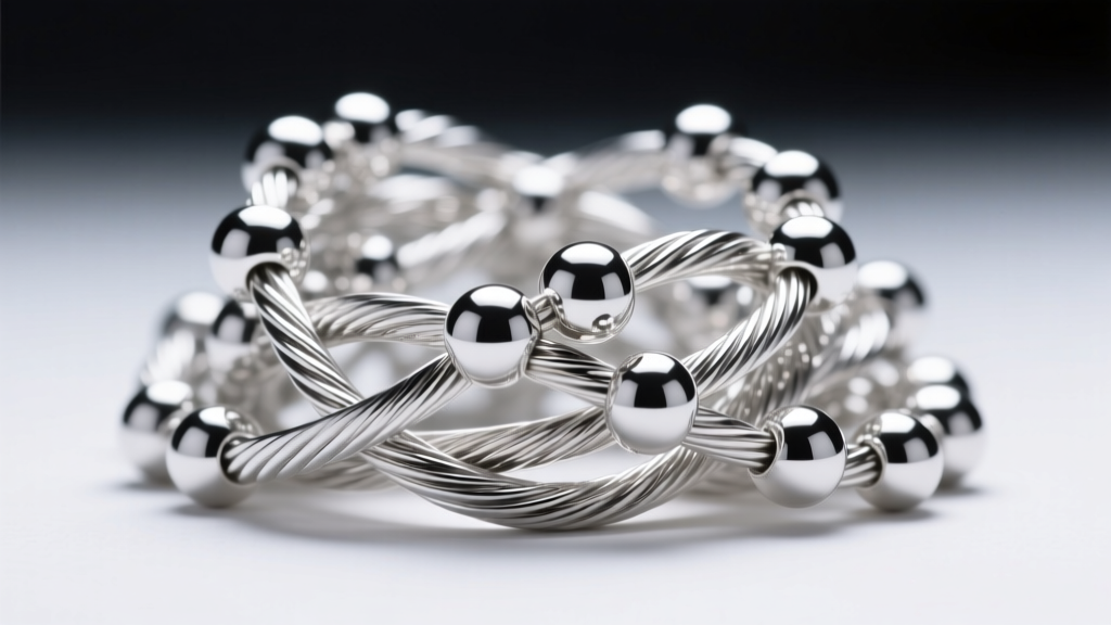 Macro shot of tangled sterling silver bead and cable chains, showing interlocking links under bright, focused studio lighting.