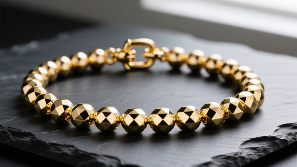 Close-up of a 14k yellow gold diamond-cut ball chain necklace on dark slate, highlighting spherical links and a lobster clasp