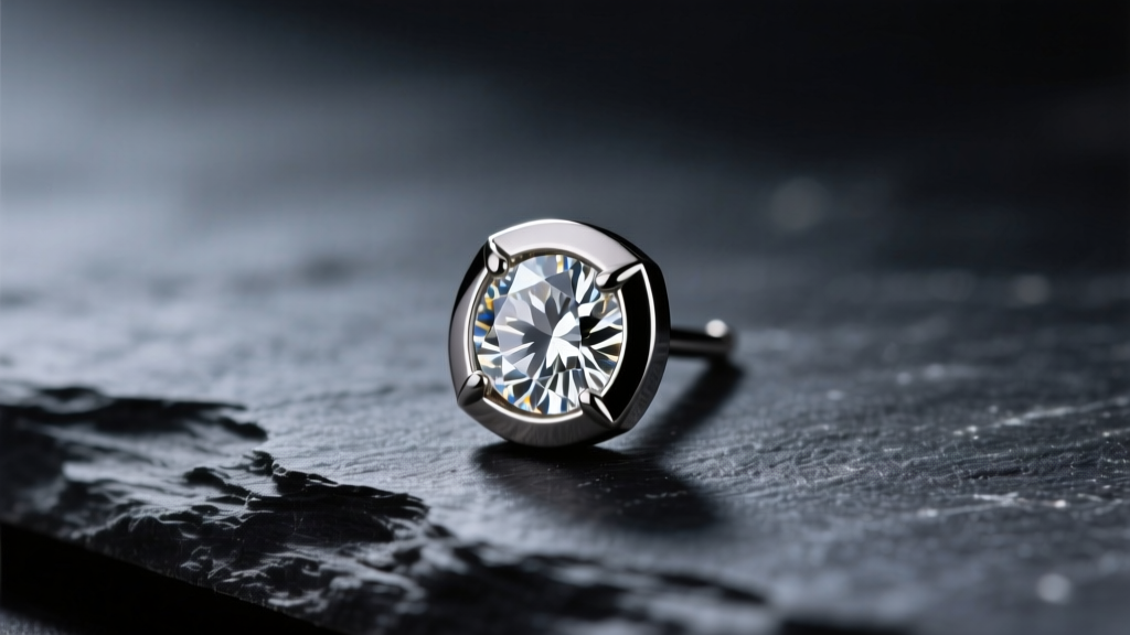 Macro shot of a 6mm titanium bezel-set diamond stud earring resting on dark slate, illuminated by soft directional studio lighting