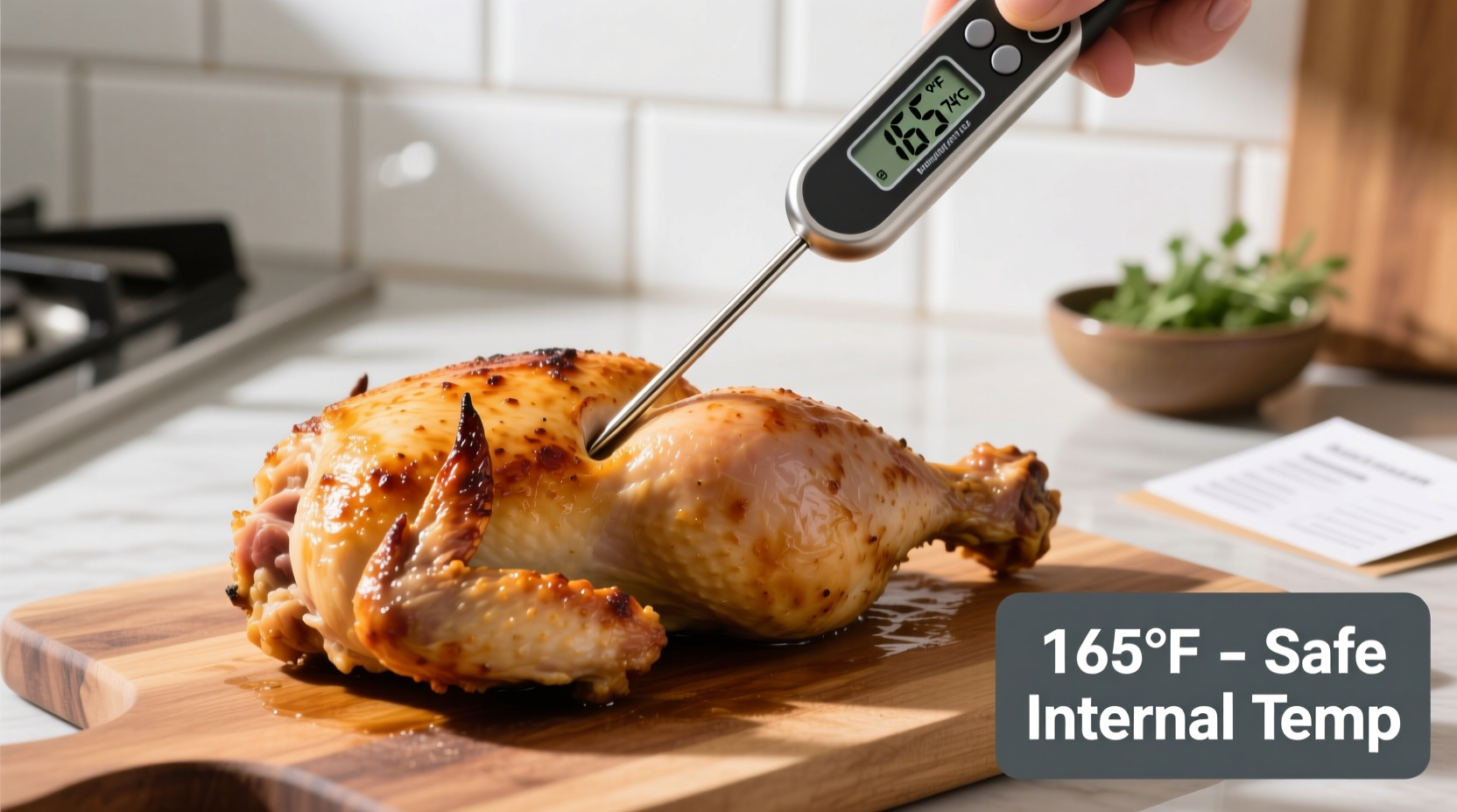 Proper thermometer placement in chicken thigh