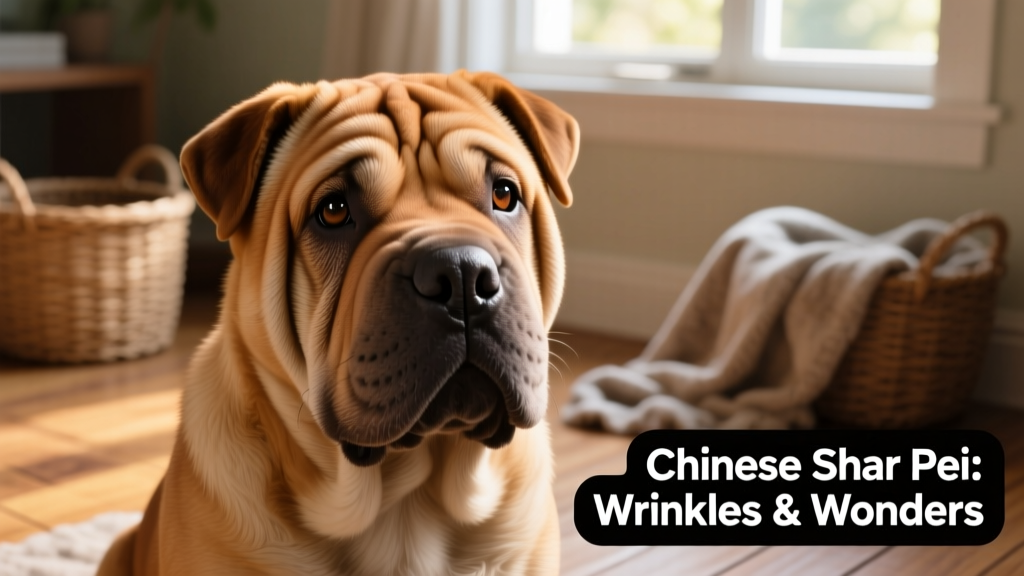 A close-up portrait of a fawn-colored Chinese Shar Pei showing its signature wrinkles and expressive eyes