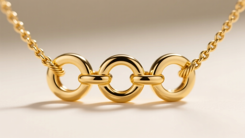 Close-up macro shot of a polished 14k yellow gold three-hole necklace separator with delicate cable chains threaded through loops.