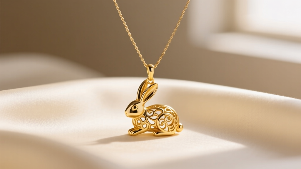 Close-up of a delicate 14k yellow gold rabbit pendant on a thin cable chain, resting on cream silk fabric in soft natural light.