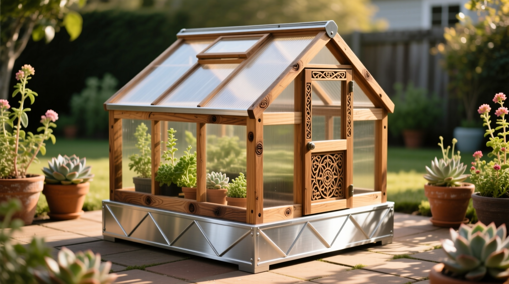 Wooden mini greenhouse frame with aluminum base lining
