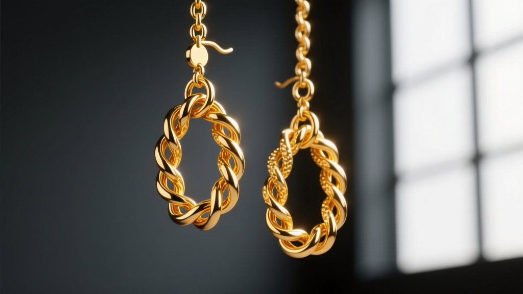 Macro shot of 18k yellow gold rope chain drop earrings suspended mid-air, highlighting twisted links against dark slate.