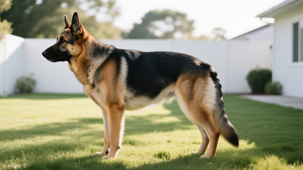 Large breed dog German Shepherd standing on grass showing signs of hip stiffness after exercise in backyard