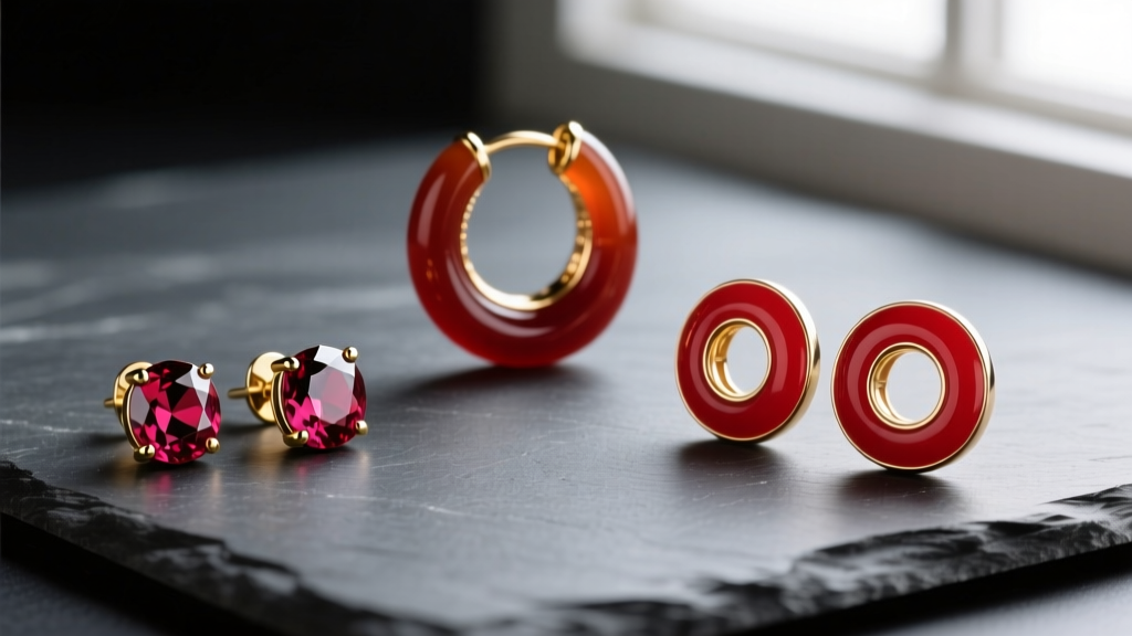 Flat lay of red and golden earrings including ruby studs, carnelian hoops, and crimson enamel huggies arranged on dark slate.