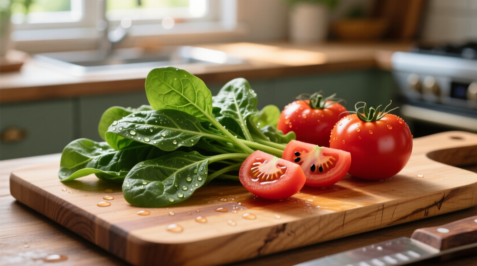 Fresh spinach and ripe tomatoes on wooden cutting board