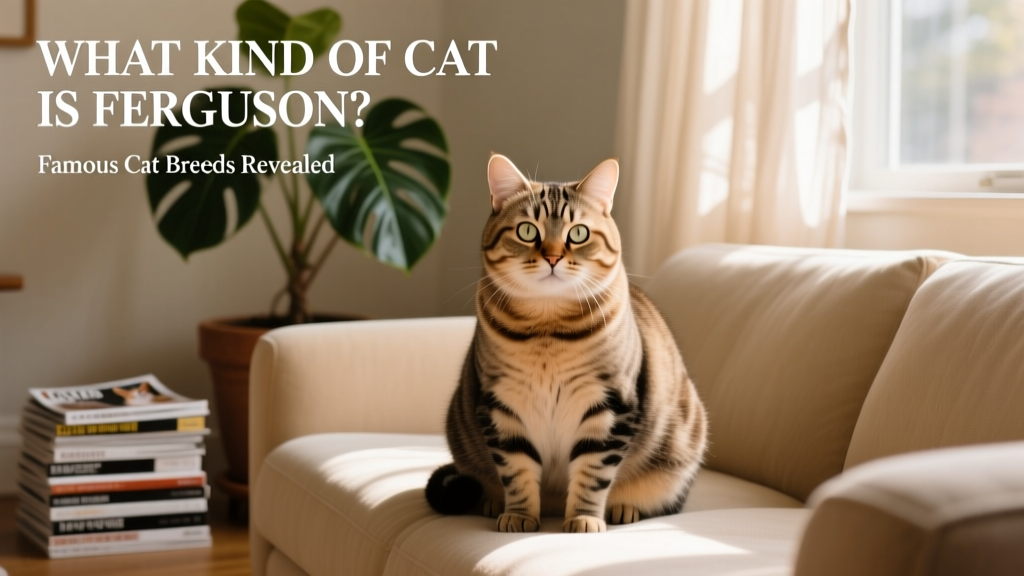 Ferguson the cat sitting calmly on a couch, looking directly at the camera with expressive eyes and a plush, rounded face