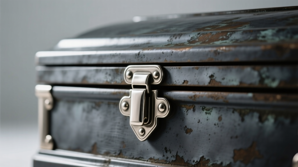 Polished pewter hinge next to original dark gray oxidized patina on a vintage casket, lit by soft directional light.