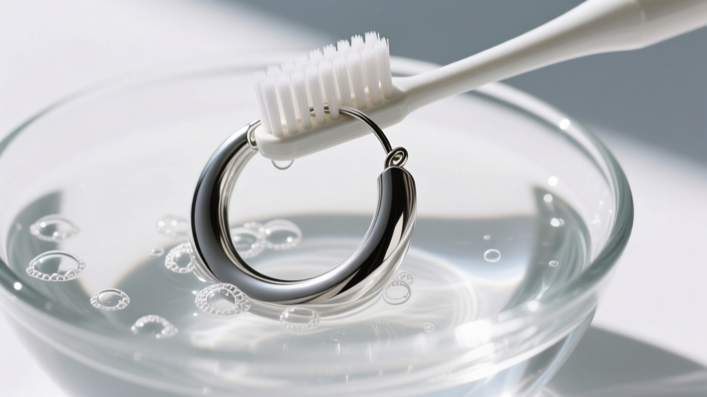 Soft-bristled toothbrush gently scrubbing the inner wire of a large silver hoop earring submerged in a bowl of mild soapy water