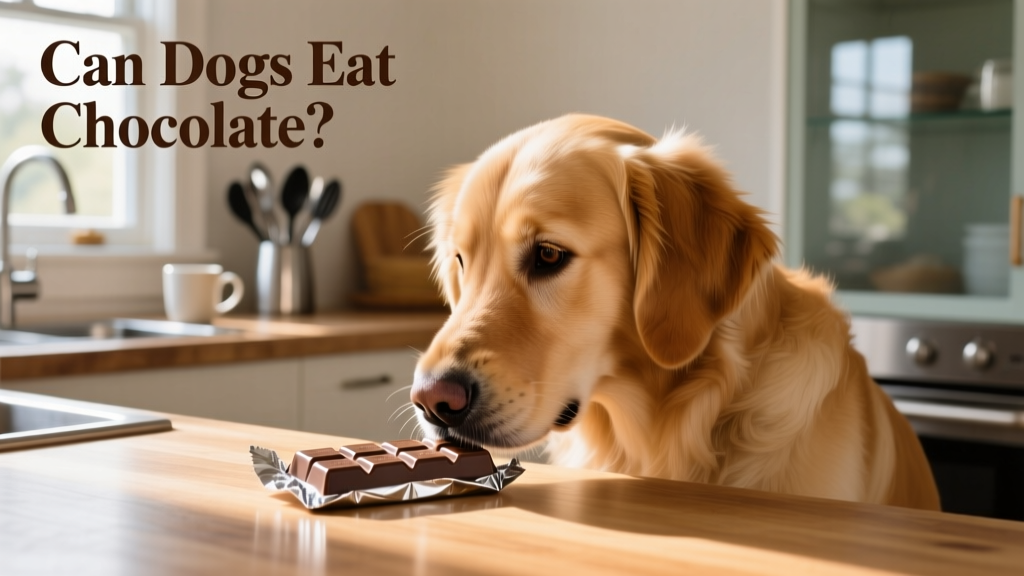 A curious dog sniffing near a half-unwrapped chocolate bar on a countertop