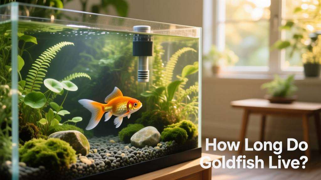 A spacious, planted aquarium with a healthy fantail goldfish swimming near a gentle current from a filter outlet