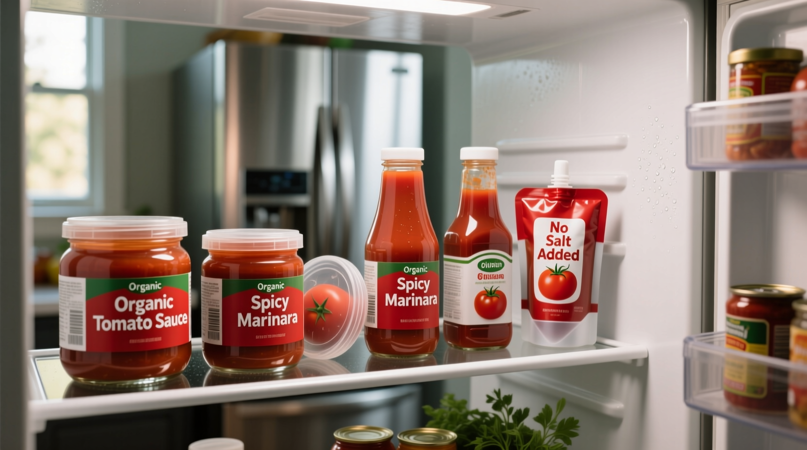 Tomato sauce containers in refrigerator
