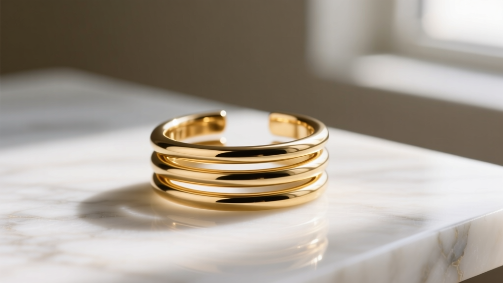 Macro photography of a gold triple-hoop illusion ear cuff resting on a marble surface, highlighting seamless soldered jump rings