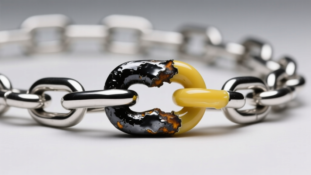 Sterling silver chain showing heavy black silver sulfide tarnish localized exactly adjacent to a yellowed cyanoacrylate glue joint