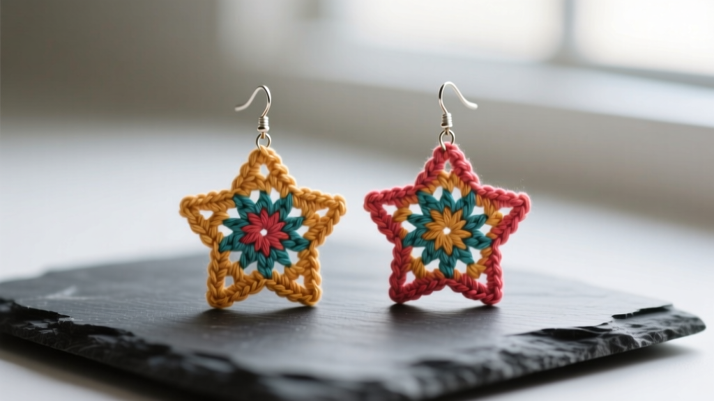 Macro shot of intricate size 20 mercerized cotton crocheted earrings in a geometric star pattern, resting on dark slate.