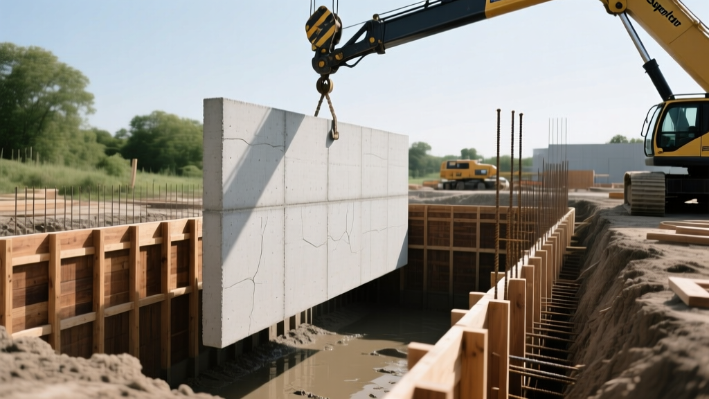Crane lowering a large precast Superior Walls concrete panel into an excavated basement trench beside traditional wooden forms.