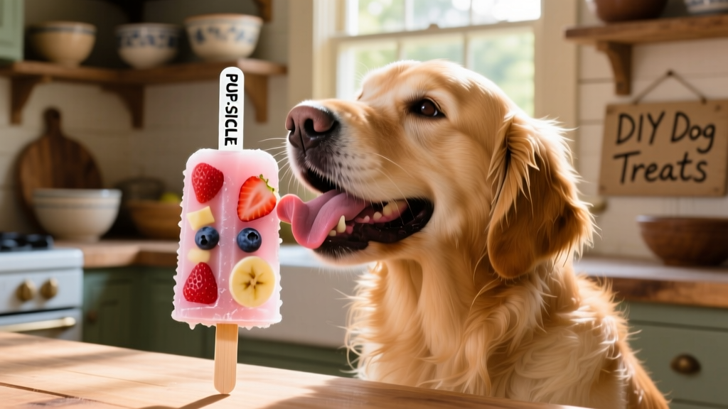 A happy dog licking a freshly unmolded pupsicle, with visible fruit pieces and a gullet stick protruding from the top