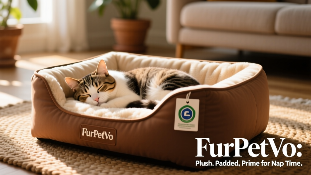 Close-up of FurPetVo branded heated cat bed with safety certification logo visible