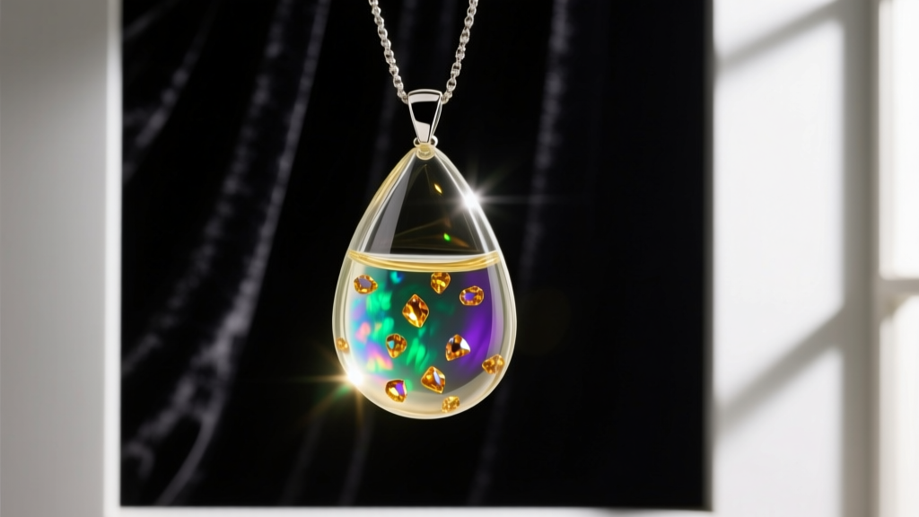 Close-up of a 1970s vintage floating opal glass teardrop pendant with glycerin and suspended fire opal chips on black velvet.