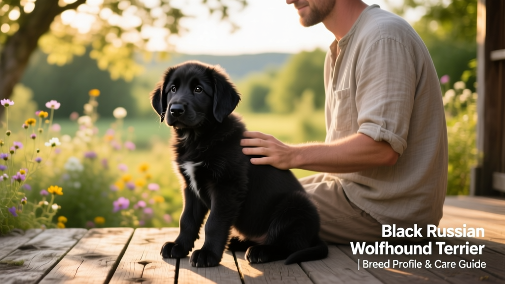 Black Russian Wolfhound Terrier puppy sitting calmly beside an adult owner on a wooden deck