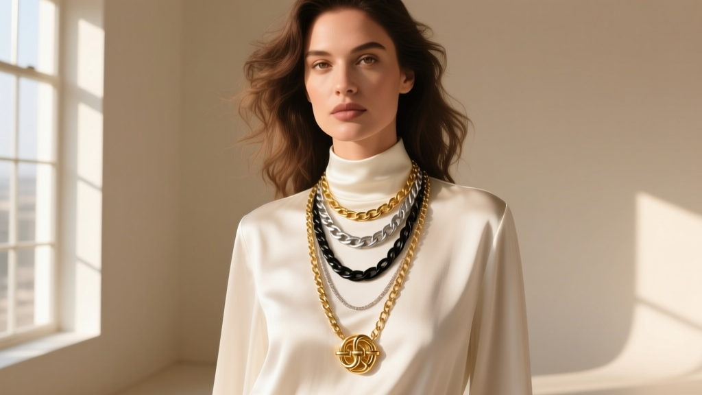 Woman wearing layered Pam Hiran chain necklaces over silk, highlighting the neckline, mixed metal textures and the gold clasp