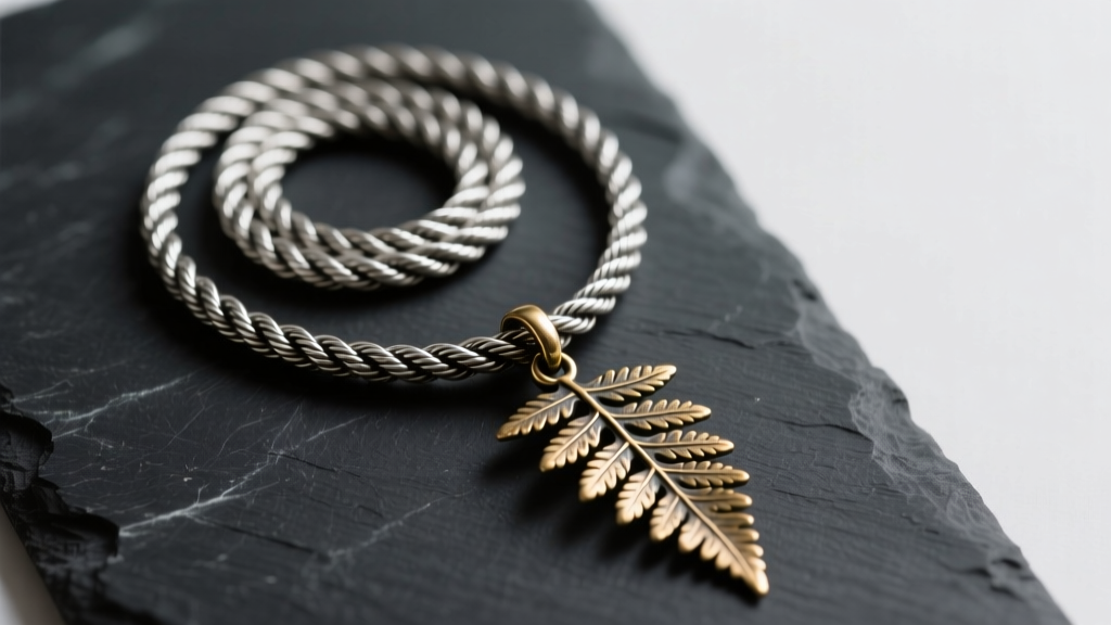 A 20-inch oxidized sterling silver rope chain paired with a textured brass fern leaf pendant on a dark slate background.