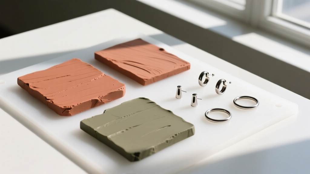 Top-down view of raw polymer clay slabs in terracotta and sage, beside titanium earring posts and jump rings on a silicone mat.
