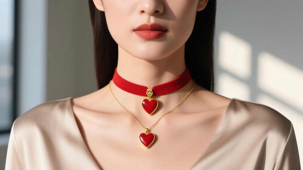 Woman wearing a red heart choker necklace and gold pendant, showing the 15-inch fit against her collarbone in soft daylight