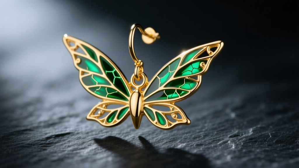 Macro shot of a 14k gold Tinkerbell wing drop earring with green vitreous enamel on dark slate under soft directional lighting