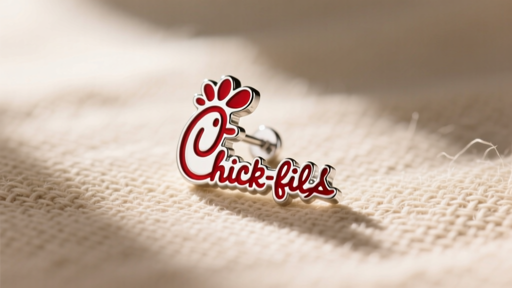 Close-up of a sterling silver Chick-fil-A logo stud with red cold enamel, resting on beige linen in bright natural sunlight.