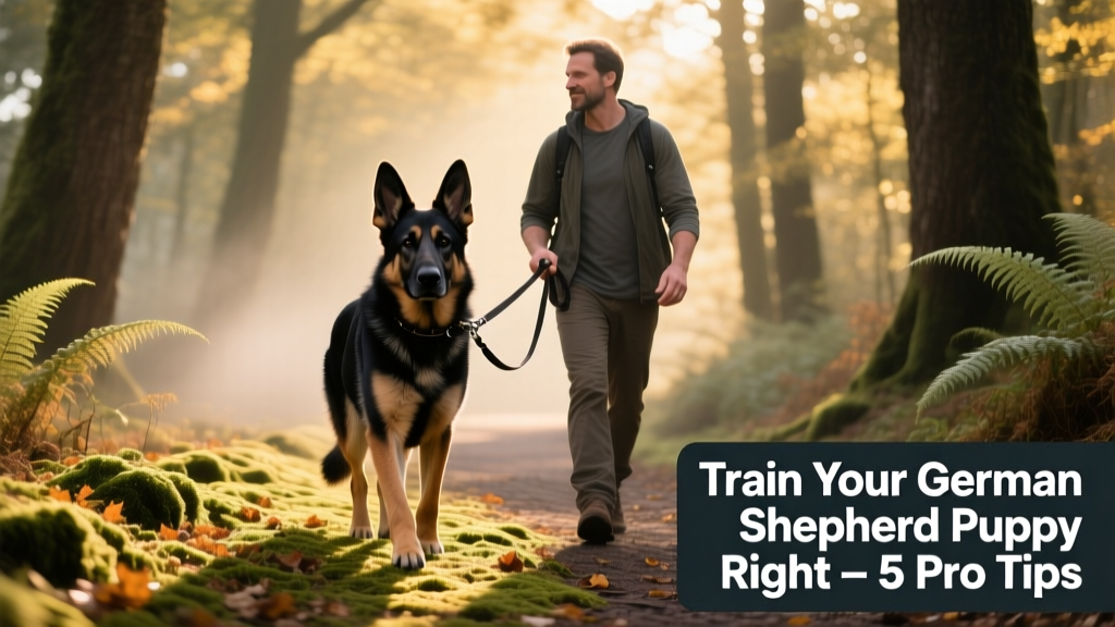 Adult German Shepherd walking calmly on leash beside owner on a forest trail, ears alert but body relaxed