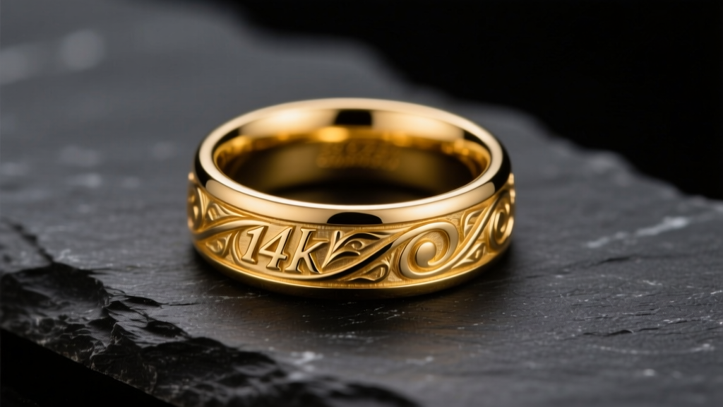 Close-up of a 14k yellow gold signet ring on dark slate, showing metal luster and precise engraving under soft studio lighting.