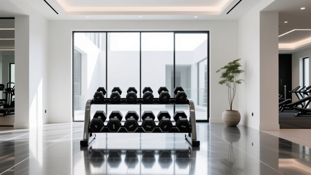 Luxurious modern home gym featuring a pristine three-tier rack filled with matching black urethane hex dumbbells and polished steel flooring